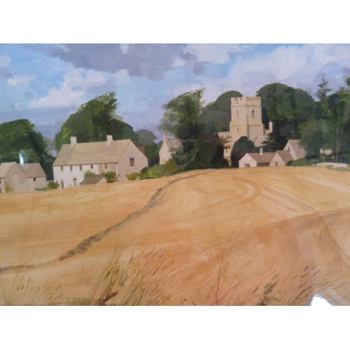 104 - Allan Laycock
 Watercolour drawing
 Cornfield with village church  24 x 30 cms