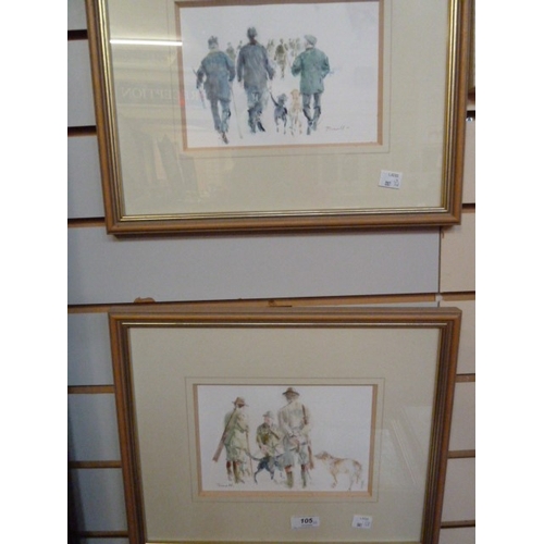 105 - Pair watercolour drawings, 21st c.
 indistinctly signed T......
 'Midmorning Break' and 'Bentus and ... 