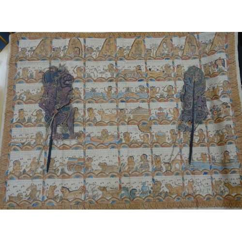 175a - Javanese painted fabric panel with various figures, deities and animals with script, together with a... 