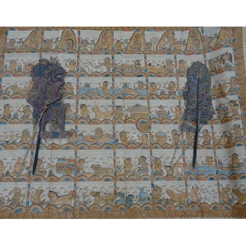 175a - Javanese painted fabric panel with various figures, deities and animals with script, together with a... 