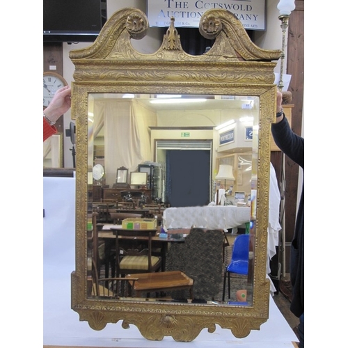 55 - George II style gilt wall mirror with swan-neck pediment in gilt carved wood with foliate, scroll an... 