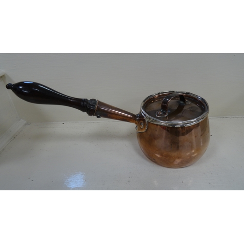 1384A - Georgian silver lined copper brandy warmer / chocolate saucepan, the silver hallmarked for London, W... 