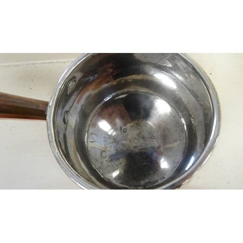 1384A - Georgian silver lined copper brandy warmer / chocolate saucepan, the silver hallmarked for London, W... 