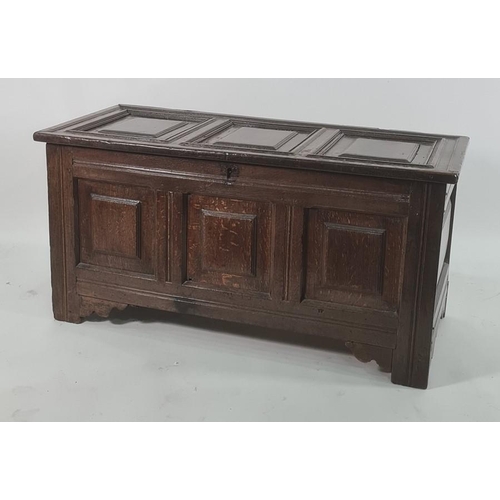 1035 - Possibly 18th century oak coffer, shaped panels to the front and square panels to the front, raised ... 