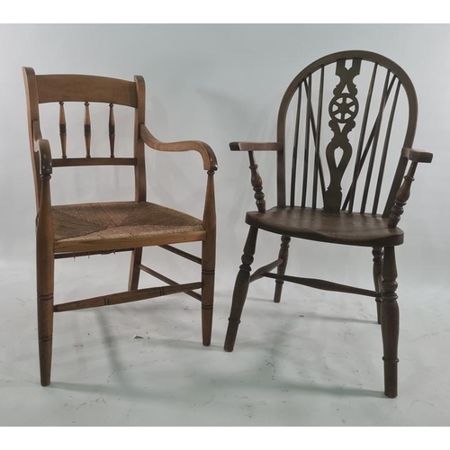 1042 - Five assorted chairs to include cane seated spindle back chair, rush seated chair, wheelback chair a... 