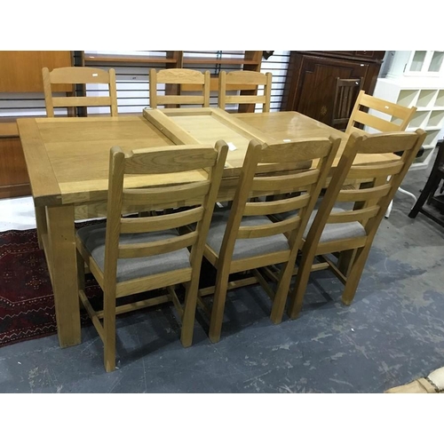 1084 - Modern oak dining table, 6 matching chairs and bench, and one further chair