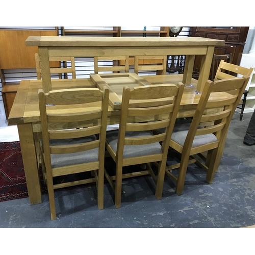 1084 - Modern oak dining table, 6 matching chairs and bench, and one further chair