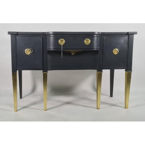 1099 - Painted reproduction Regency dining table, six chairs and sideboard painted in blues and grey