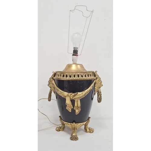 12 - Gilt metal mounted royal blue china table lamp with pierced arched border, pair lion mask and wreath... 