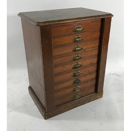 1205 - 19th century Wellington-type collector's cabinet, the stained pine top above nine drawers, on plinth... 