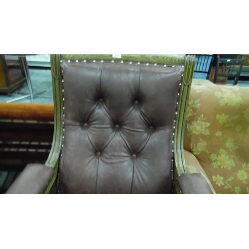 1242 - Late 19th century William IV style oak-framed library armchair with leather upholstered scrolling ar... 