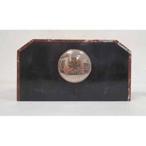 1331 - Art Deco style clock garniture in polished hardstone, the diamond-shaped dial with Arabic numerals a... 