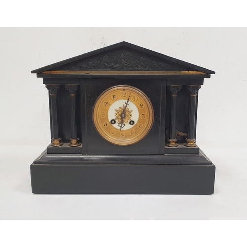 1341 - Black slate mantel clock of architectural Greek form, Arabic numerals to the dial, on plinth base, 2... 