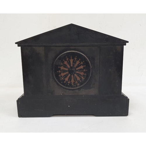 1341 - Black slate mantel clock of architectural Greek form, Arabic numerals to the dial, on plinth base, 2... 