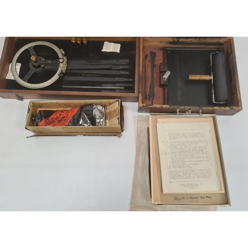 135 - Ellams duplicator in stained wood case, a vintage metal surveryors tool in stained wood box and a tr... 