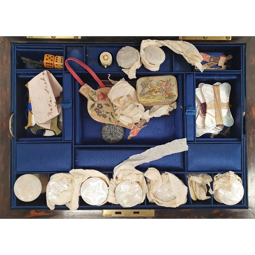 1351 - 19th century work box, possibly coromandel, with fitted interior of sewing bobbins, various compartm... 