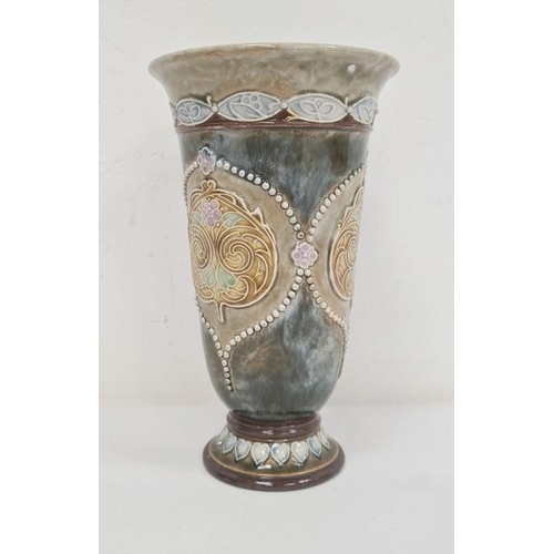 14 - Doulton stoneware vase with slight everted rim, tapering body, with jewelled and line decoration, Ar... 