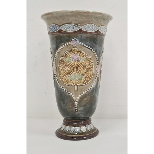 14 - Doulton stoneware vase with slight everted rim, tapering body, with jewelled and line decoration, Ar... 