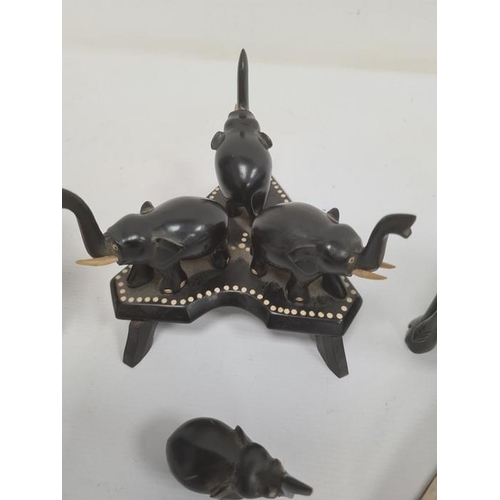 146 - Pair early 20th century lady's satin shoes, ebony elephants and elephant bowl and stand