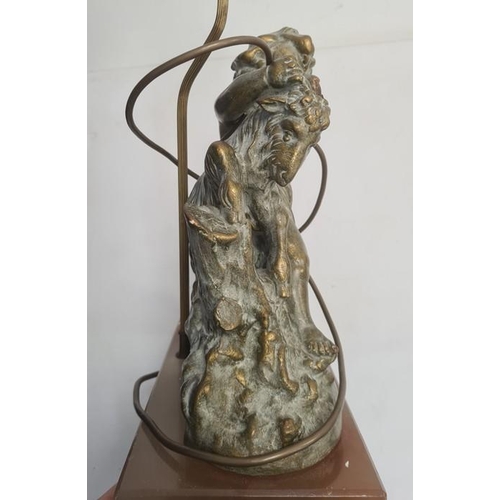 158 - Modern brass and onyx table lamp in the form of putto with goat, 54cm high