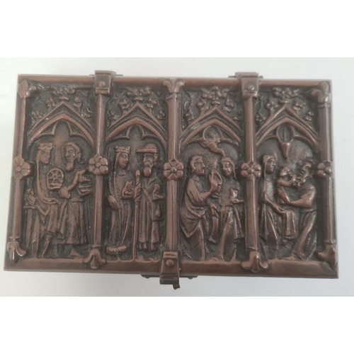 161 - Adolph Frankau & Co gothic-style metal trinket box with panels of medieval figures, in the form of a... 