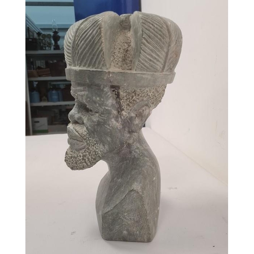 165 - Indigenous carved soapstone bust, man with crown 33cms h.