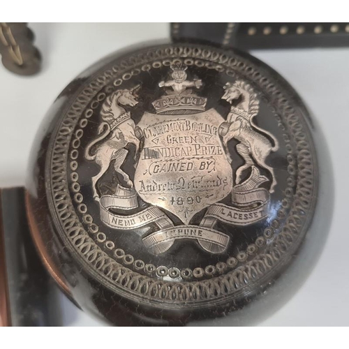 174 - Pair late Victorian silver inlaid lawn bowls with presentation inscription, various Eastern wooden i... 