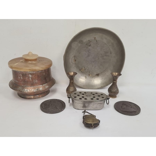 195 - Middle Eastern copper container adapted for use as a wine cooler, with alabaster cover, other items ... 