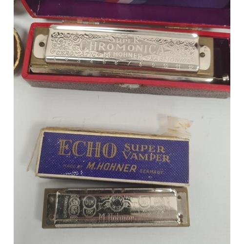 208 - Collection of seven assorted harmonicas including three Hohner Super Chromonica (all boxed), a Hohne... 