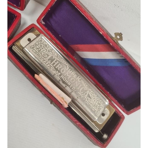 208 - Collection of seven assorted harmonicas including three Hohner Super Chromonica (all boxed), a Hohne... 