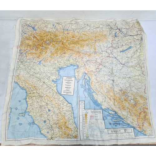 222 - World War II double-sided silk escape map, one side entitled Sheet F and illustrating Croatia, Monte... 