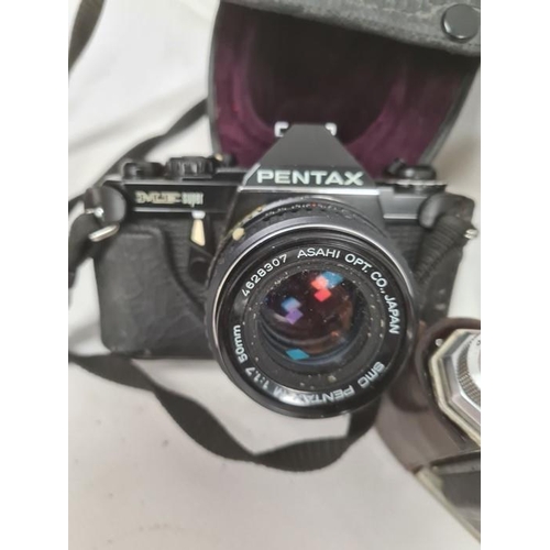 230 - Pentax ME Super camera with 1:1.750mm lens, a Kodak Retinette camera, another Kodak camera, a pair o... 