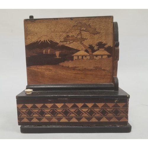 234 - Japanese novelty marquetry cigarette box with comical snap-open mouth, volcano inlaid sides, 11.5 cm... 