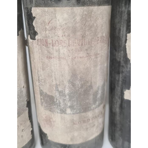 268 - Three bottles of Pichon-Longueville Baron Bordeaux (labels torn), possibly 1949, four bottles of 197... 