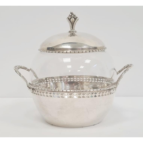 303 - Early 20th century silver-mounted and glass two-handled conserve pot with berry finial, circular lid... 