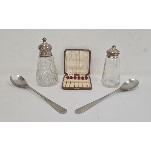 310 - Two silver-mounted lidded and glass sifters, a cased set of silver and red beaded cocktail sticks, r... 