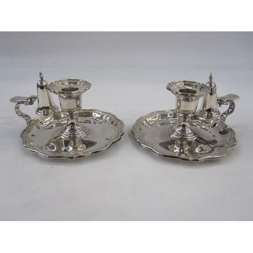 311 - Pair silver plated chambersticks, each with removable serpentine edged drip tray, bell-shaped snuffe... 