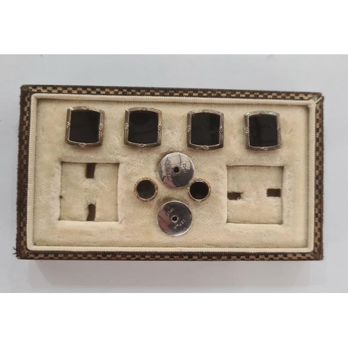 327 - 14ct white gold cufflink and dress stud set in rectangular box, labelled to inside 'Pat 319947', 6g ... 