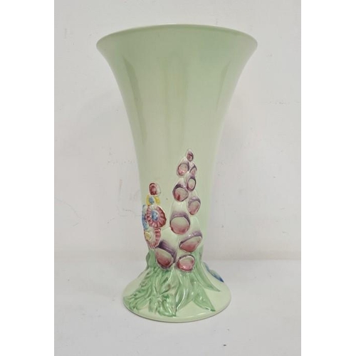 33 - Clarice Cliff Hollyhocks vase, green on circular foot, 30.5cm high