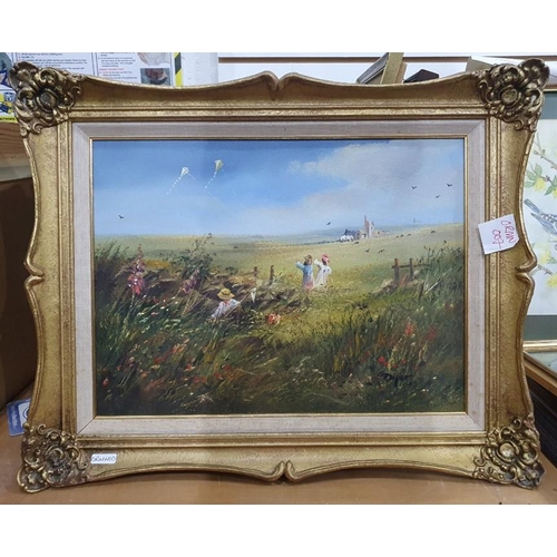 362 - Early 20th century 
 Oil on canvas
 River scene, unframed
 Modern oil on canvas
 Girls flying kites ... 