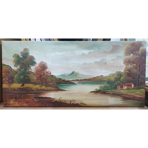 362 - Early 20th century 
 Oil on canvas
 River scene, unframed
 Modern oil on canvas
 Girls flying kites ... 