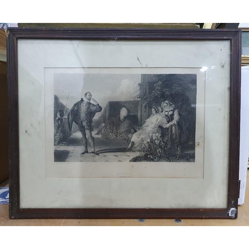 369 - Quantity of decorative prints and unframed black and white oil on board of village scene