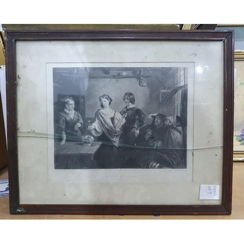 369 - Quantity of decorative prints and unframed black and white oil on board of village scene