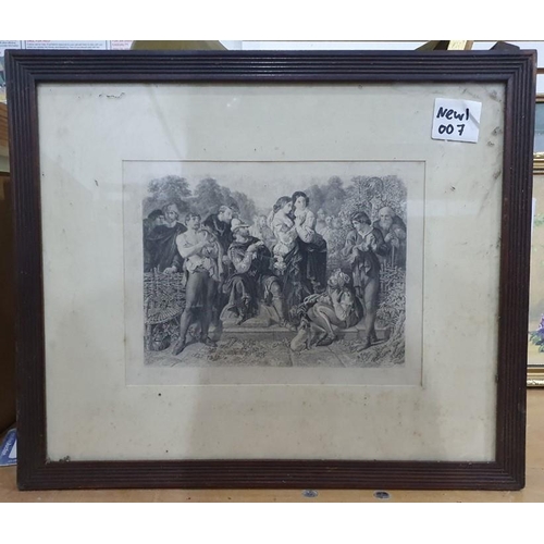 369 - Quantity of decorative prints and unframed black and white oil on board of village scene