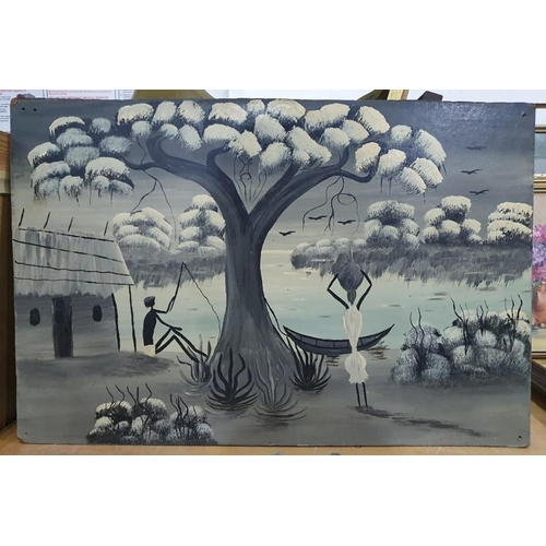 369 - Quantity of decorative prints and unframed black and white oil on board of village scene