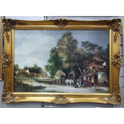 370 - Oleograph depicting horse-drawn carriage in village scene, in gilt frame, 60cm x 90cm