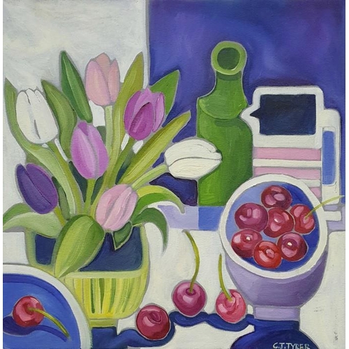 374 - G J Tyler (20th century school) 
 Pair of oils on canvas 
 Still life studies of bowls and fruit, si... 