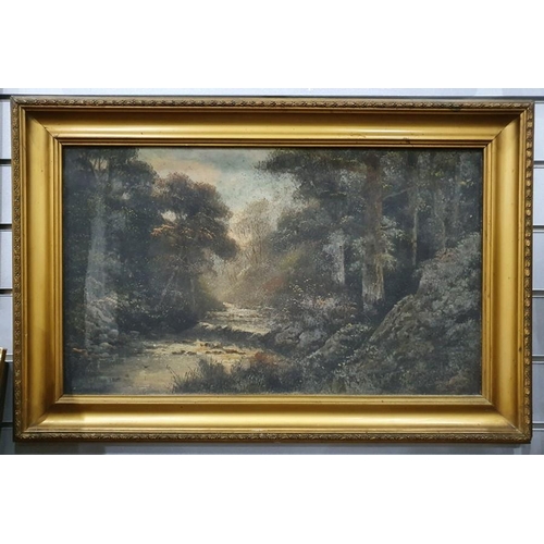 375 - Possibly 19th century, oil on panel, river though woodland, indistinctly signed lower left, together... 