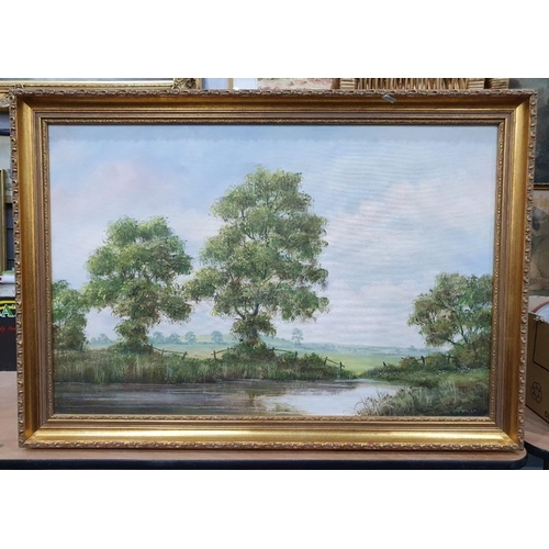 377 - Quantity of pictures and prints to include 20th century oil on canvas, river scene (9)