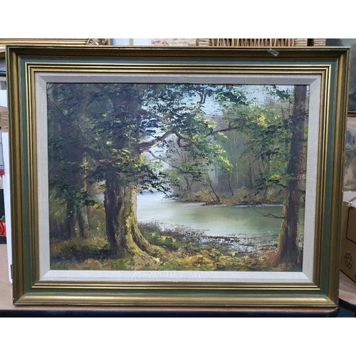 377 - Quantity of pictures and prints to include 20th century oil on canvas, river scene (9)